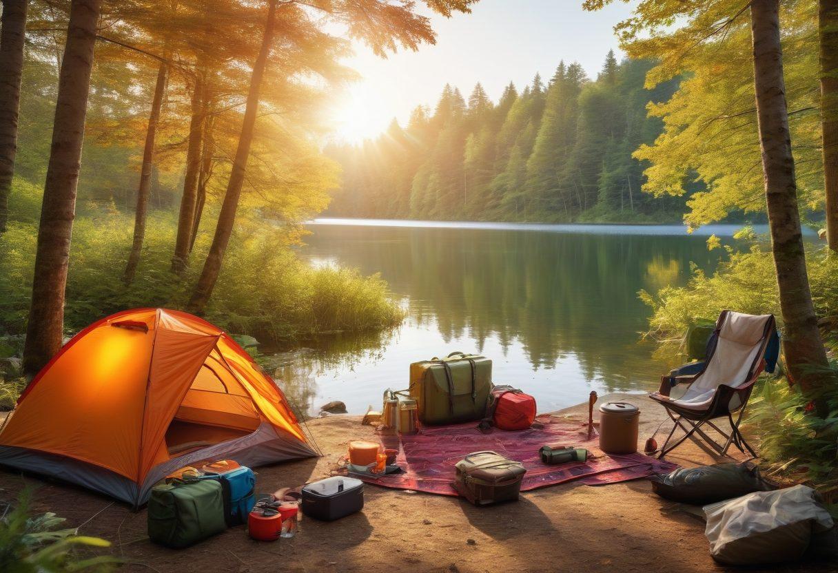 A beautifully arranged camping setup in a lush forest, featuring a colorful tent, assorted camping gear like backpacks, cooking essentials, and fishing rods, with a family enjoying outdoor activities like fishing and hiking, surrounded by towering trees and a serene lake in the background. warm sunlight filtering through leaves to create a cozy atmosphere. super-realistic. vibrant colors.